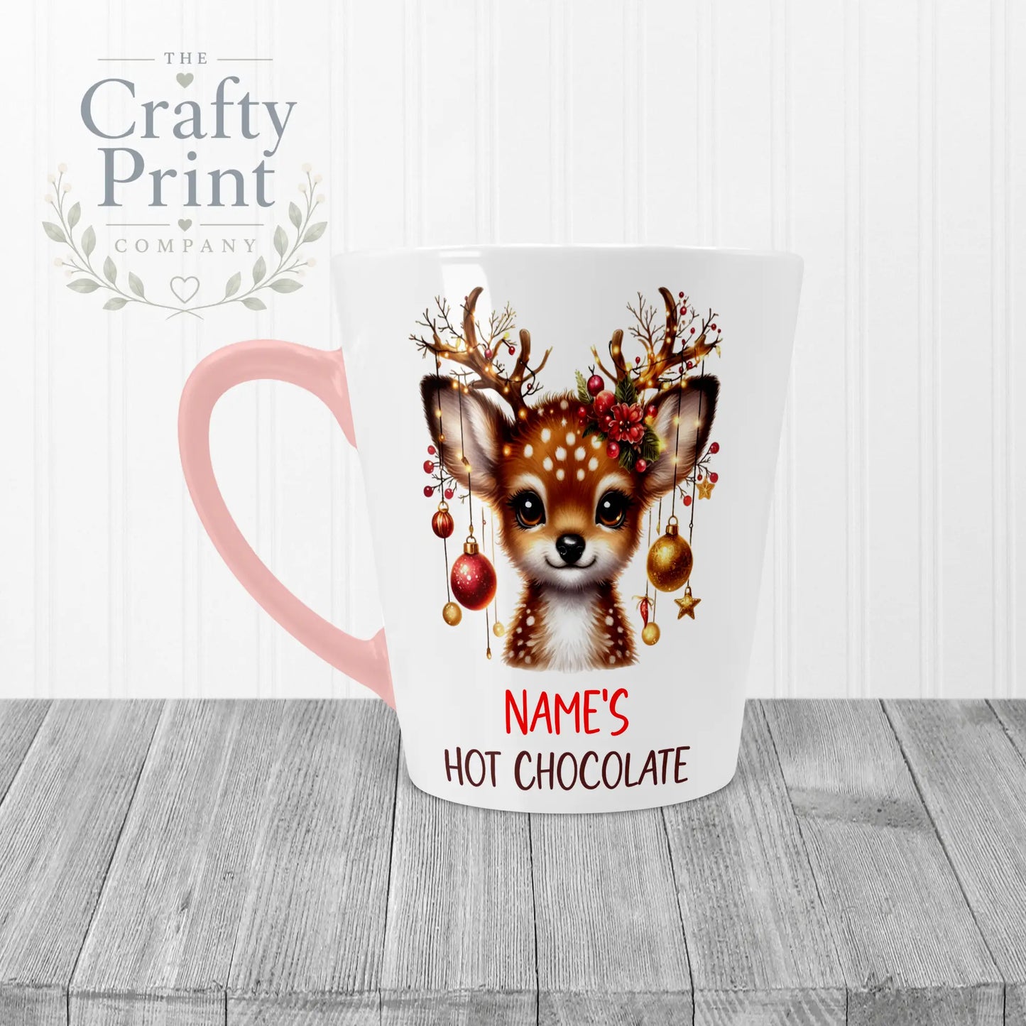 Personalised Hot Chocolate Reindeer Mug - 12oz Latte / Pink