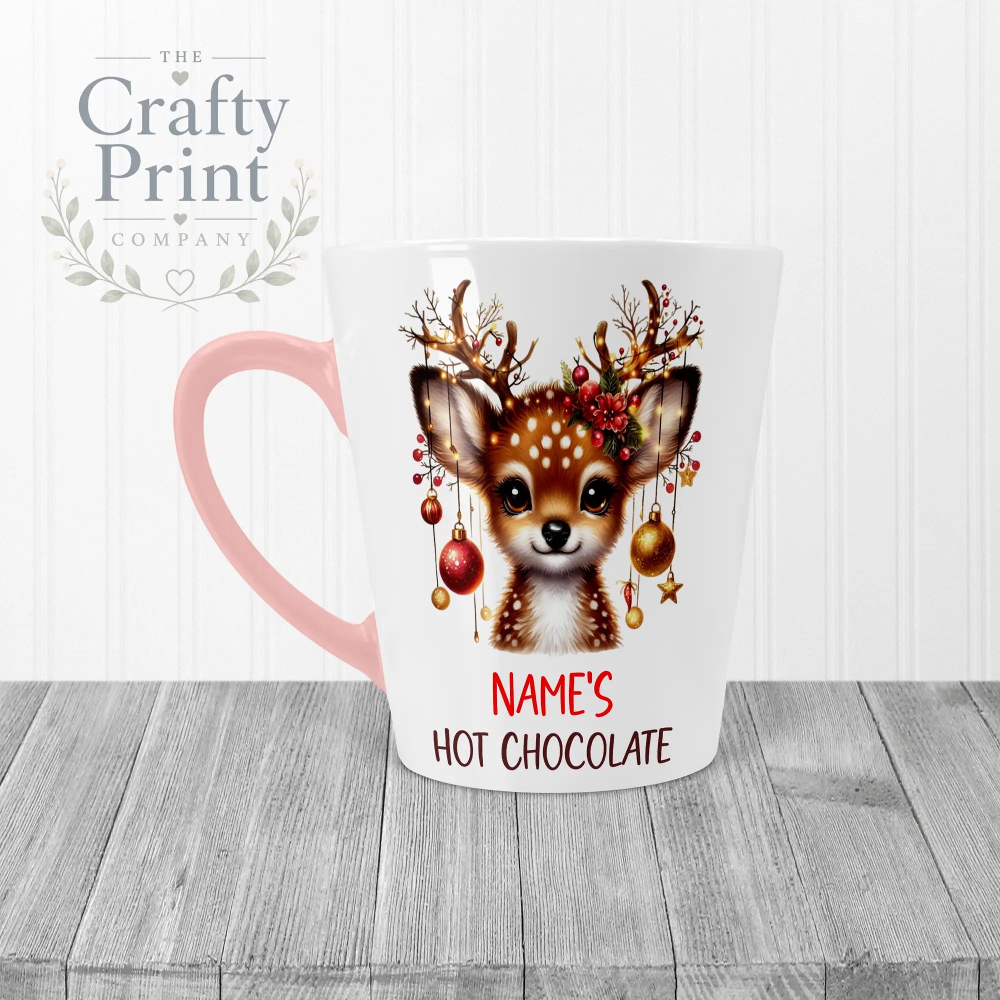 Personalised Hot Chocolate Reindeer Mug - 12oz Latte / Pink