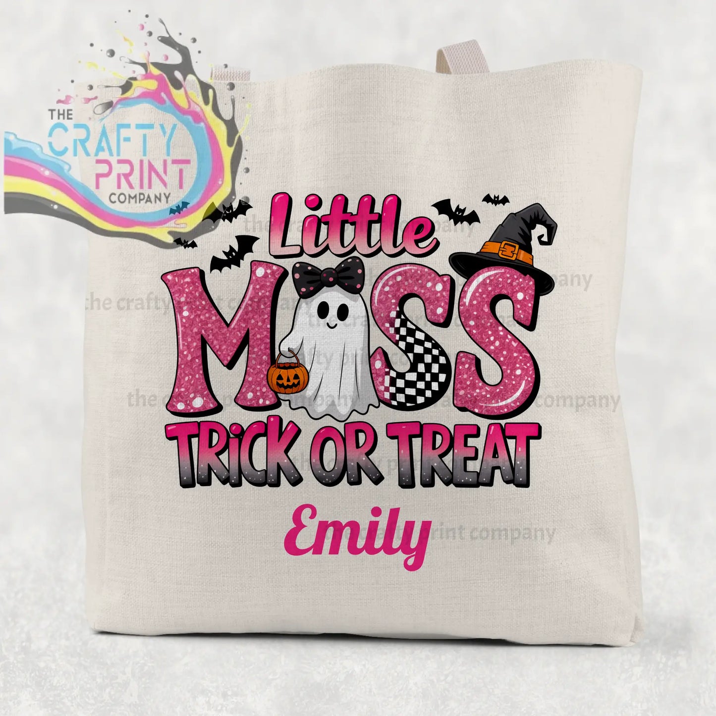 Beige cotton tote bag with glittery pink little miss trick design featuring ghost bats and witch hat for treat cotton use