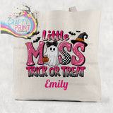 Beige cotton tote bag with glittery pink little miss trick design featuring ghost bats and witch hat for treat cotton use