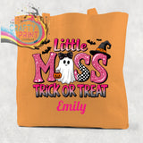 Orange canvas miss trick treat cotton tote bag with glittery pink design ghost pumpkin bats and witch hat