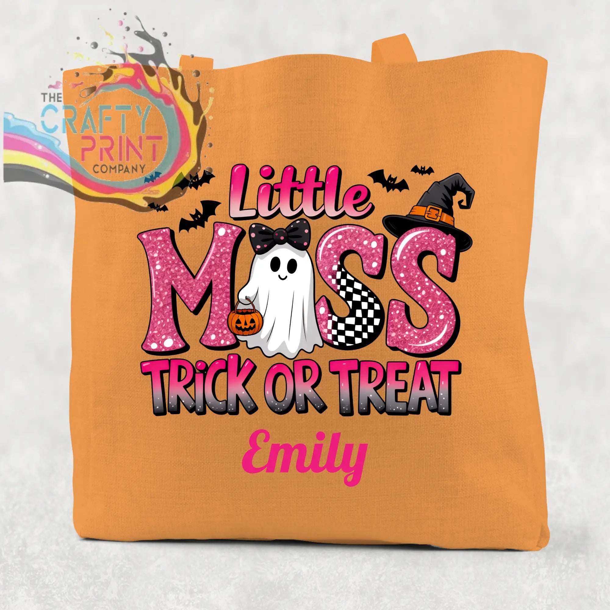 Orange canvas miss trick treat cotton tote bag with glittery pink design ghost pumpkin bats and witch hat
