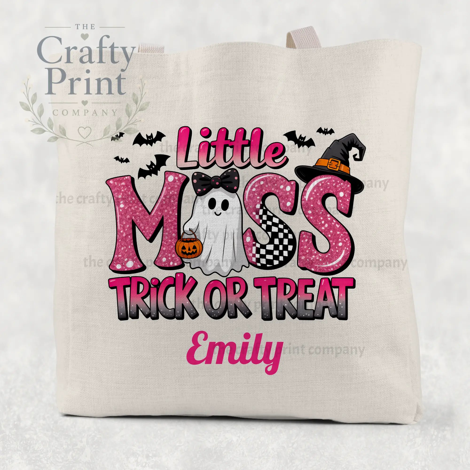 Beige cotton tote bag with glittery pink little miss trick design featuring ghost bats and witch hat for treat cotton use