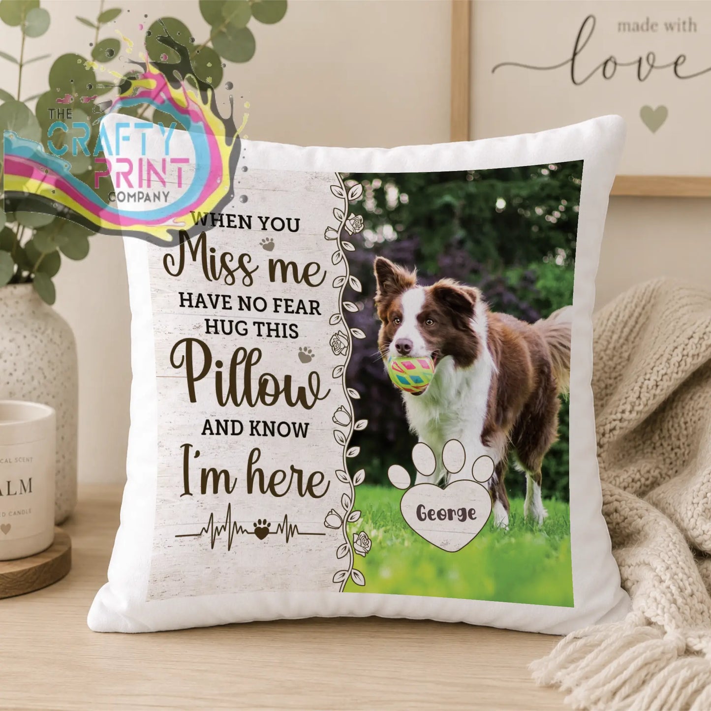 White throw cushion cover with personalised memorial pet photo of brown and white border collie holding ball and text message