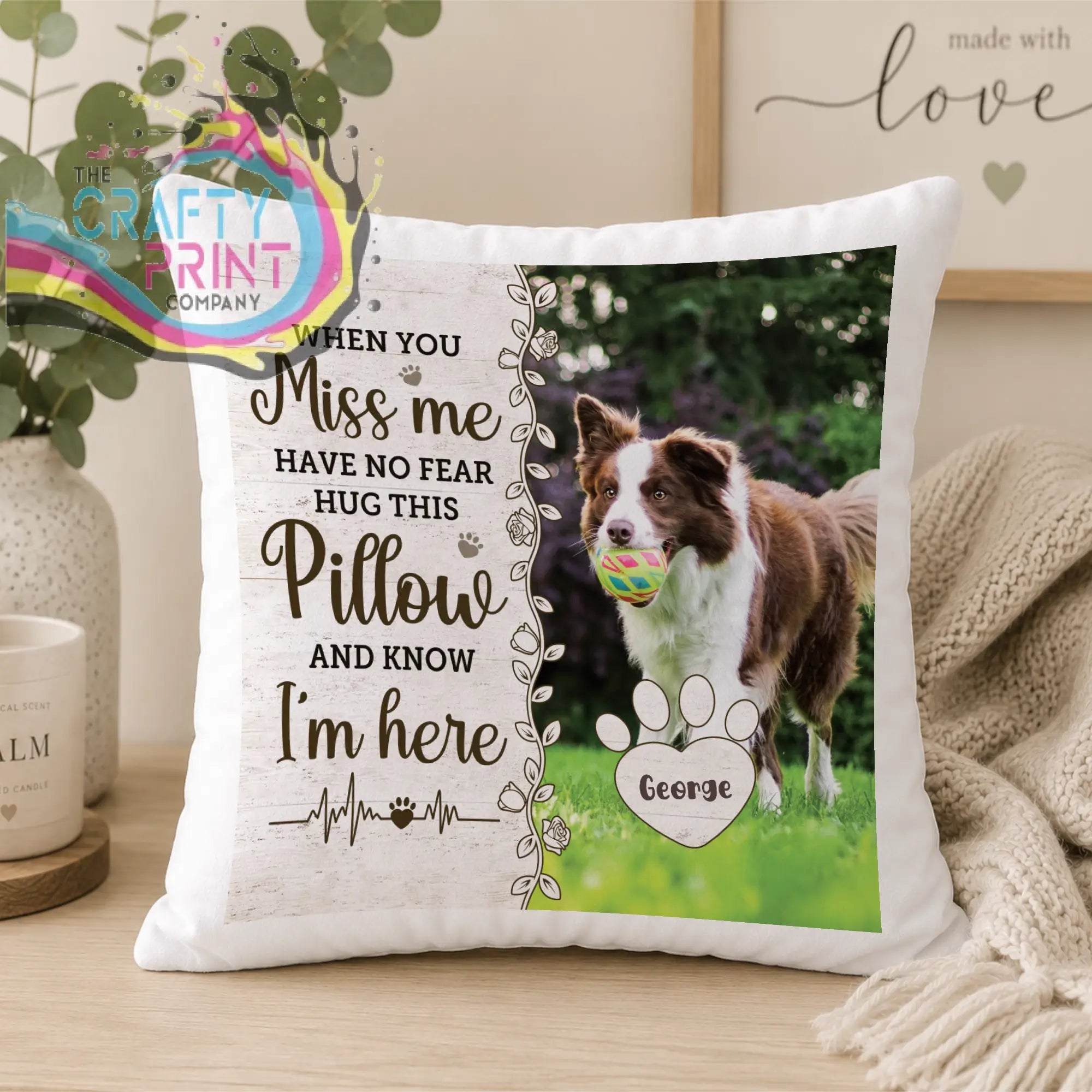 White throw cushion cover with personalised memorial pet photo of brown and white border collie holding ball and text message