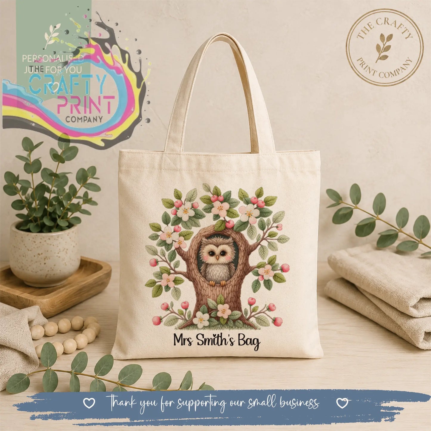 Cream-colored canvas tote bag with personalised owl teacher illustration and mrs smiths bag text at the bottom