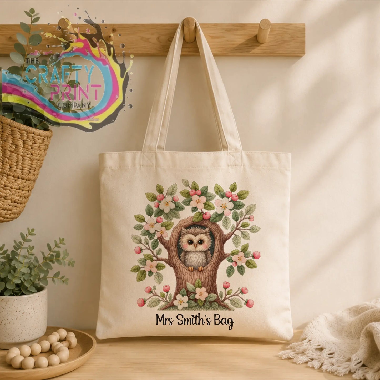 Cream canvas personalised owl teacher tote bag with owl illustration and mrs smiths bag text at the bottom
