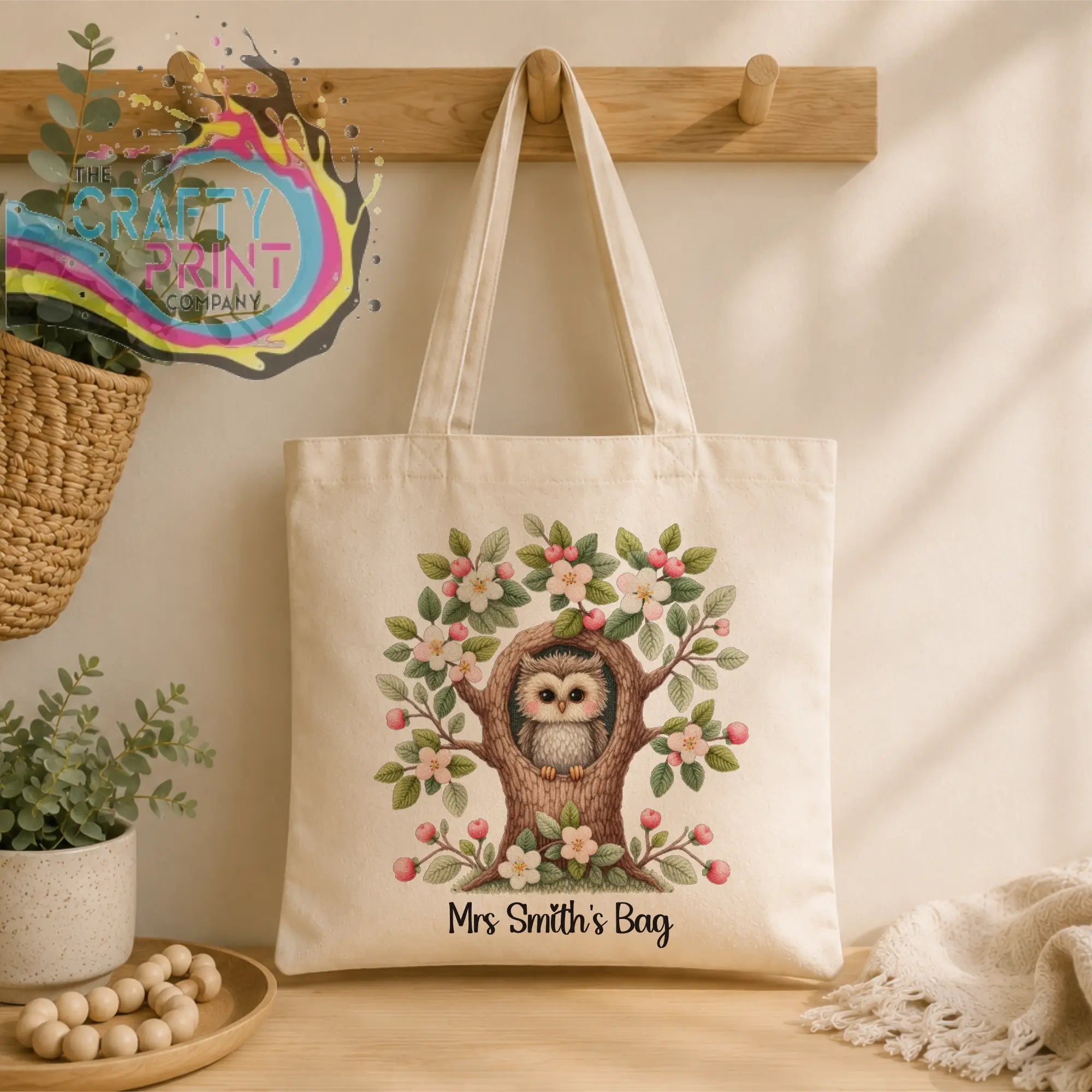 Cream canvas personalised owl teacher tote bag with owl illustration and mrs smiths bag text at the bottom