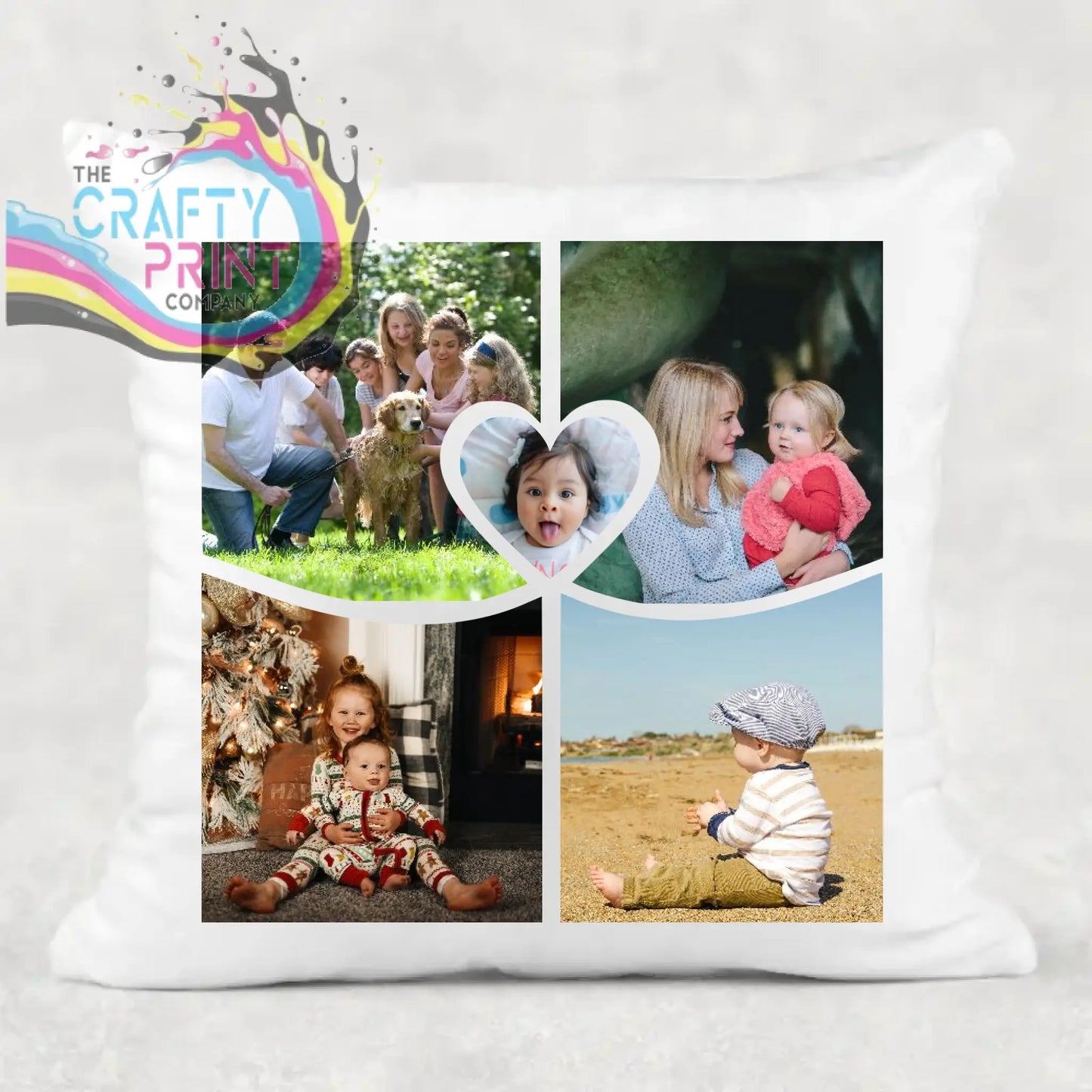 White personalised photo cushion with custom collage of five photos in hearts on soft fabric cushion cover