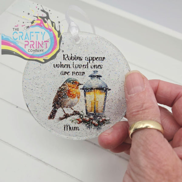 Personalised Robins appear Glitter Christmas Acrylic Bauble