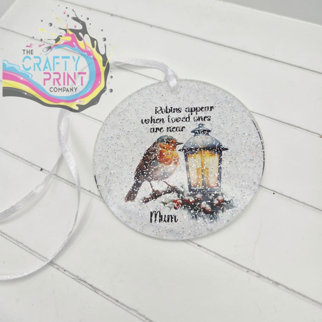 Personalised Robins appear Glitter Christmas Acrylic Bauble