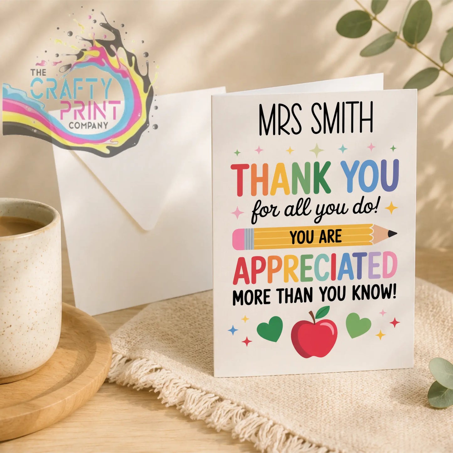 Colorful personalised thank you teacher card with rainbow lettering and pencil apple illustration on 300gsm card