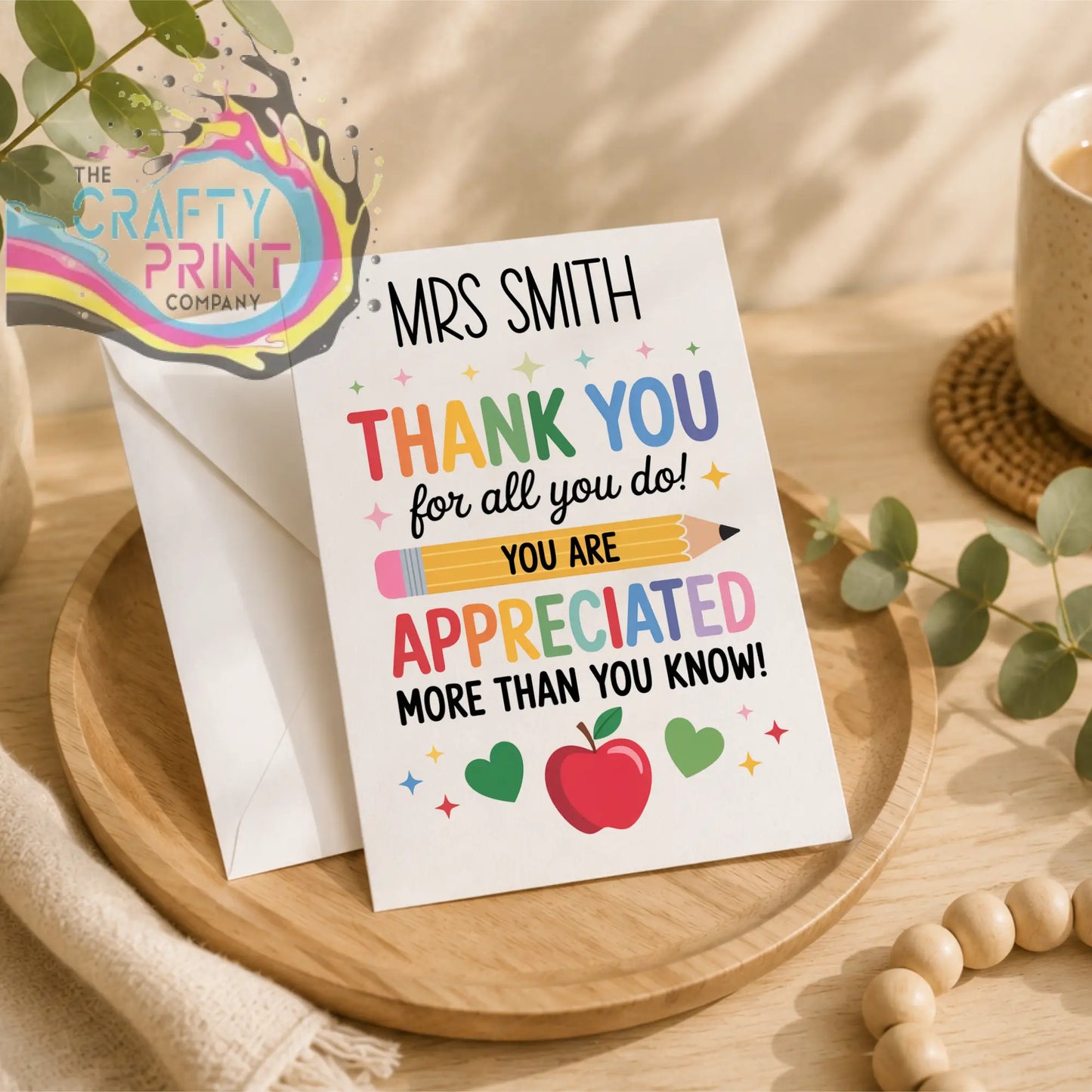 Personalised thank you for all you do teacher card with colorful rainbow text on white 300gsm card celebrating teacher’s dedication