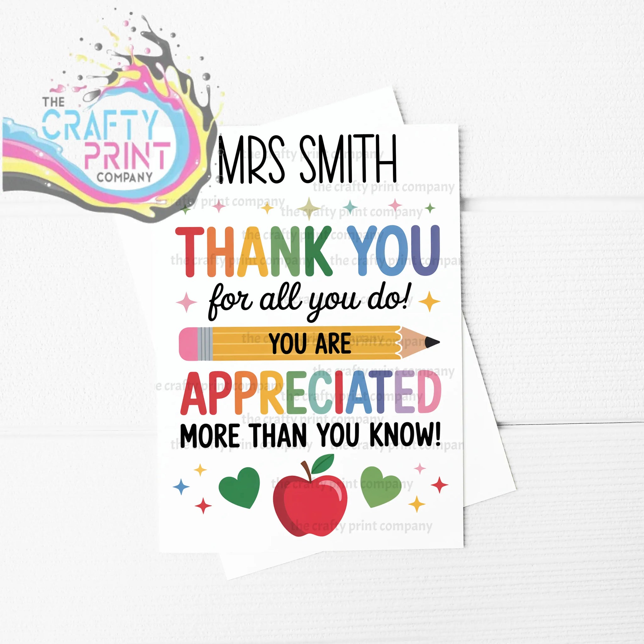 Personalised white thank you teacher card with colorful text and illustrations printed on sturdy 300gsm card for teacher dedication