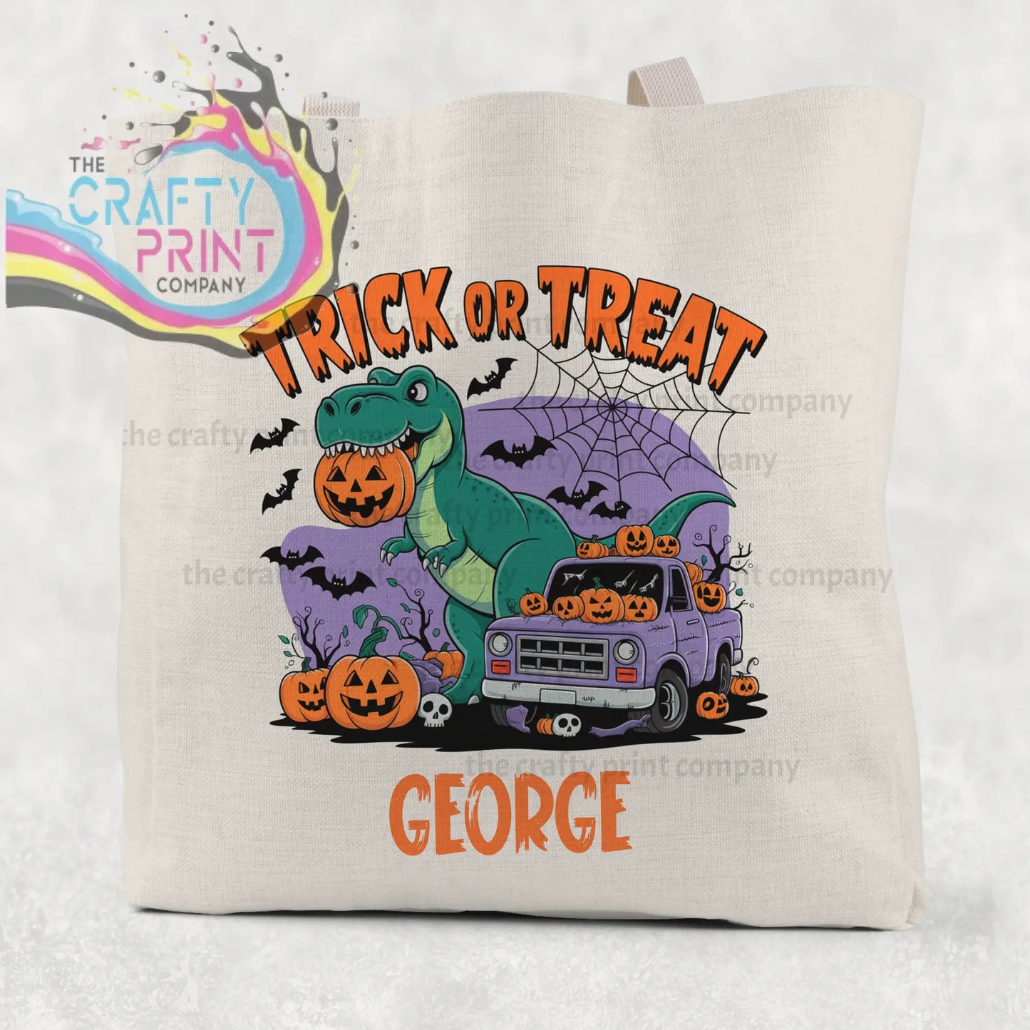Beige canvas personalised trick or treat dinosaur cotton tote bag with colorful halloween design of dinosaur truck and pumpkins