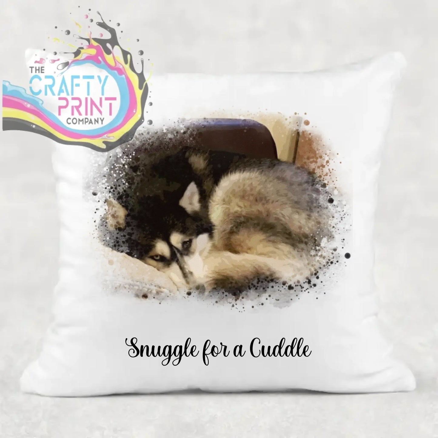 White throw pillow featuring a personalised watercolour photo cushion of two huskies snuggling with snuggle for a cuddle text