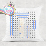 White throw pillow with personalised word search design featuring highlighted words in orange and blue