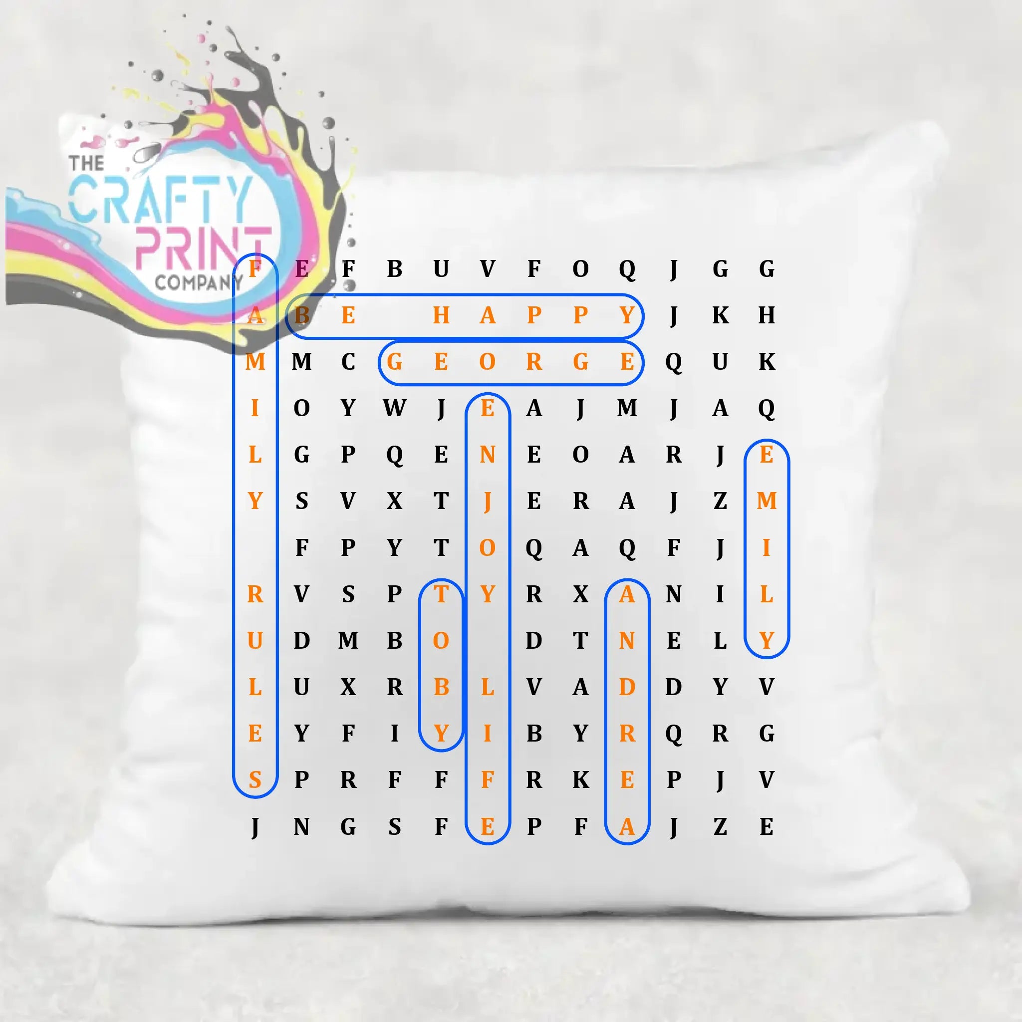 White throw pillow with personalised word search design featuring highlighted words in orange and blue