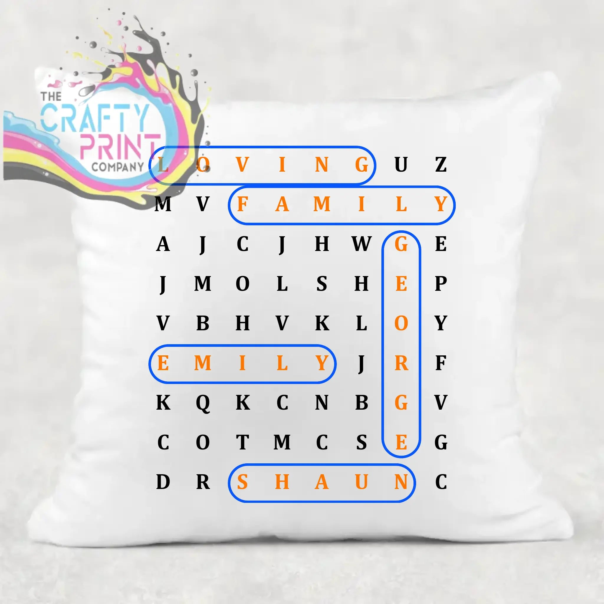 White throw pillow featuring a personalised word search design with highlighted words in orange and blue outlines