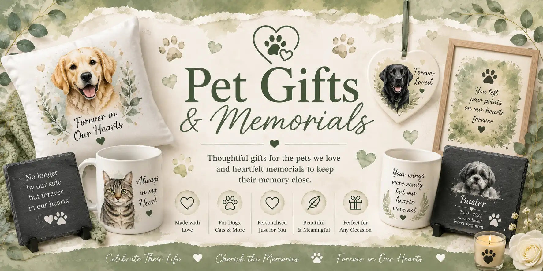 White cushion featuring a printed image of a golden retriever with green leafy vines and the text ’forever in our hearts.’