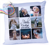 White photo cushion throw pillow with custom photo collage and family love phrase ideal for personalized gifts and processing times
