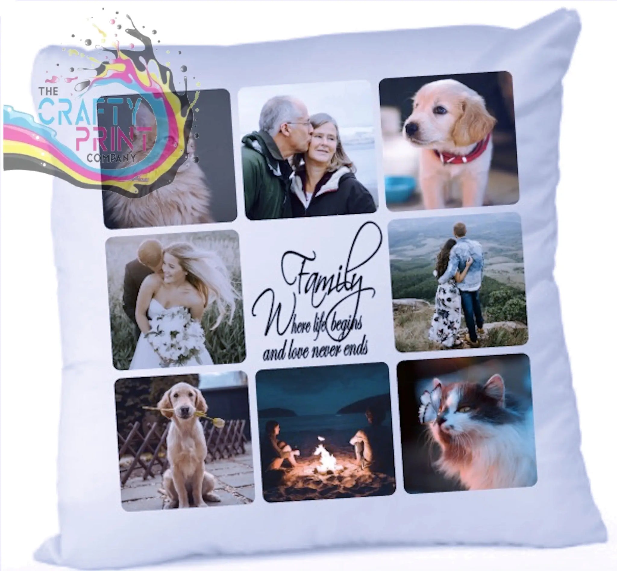 White photo cushion throw pillow with custom photo collage and family love phrase ideal for personalized gifts and processing times