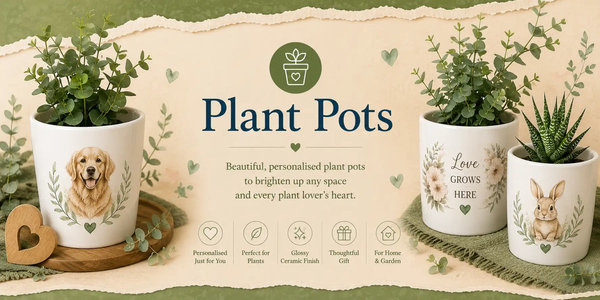 White ceramic plant pots featuring charming illustrations of a golden retriever, floral designs with the phrase ’love grows here,’ and a bunny, each adorned with green leafy borders.