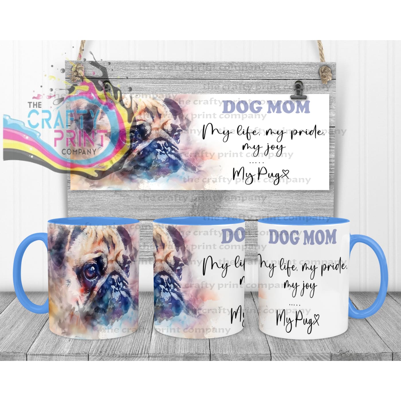 Pug Dog Mom Mug - 11oz Ceramic / Blue Handle & Inner - Mugs