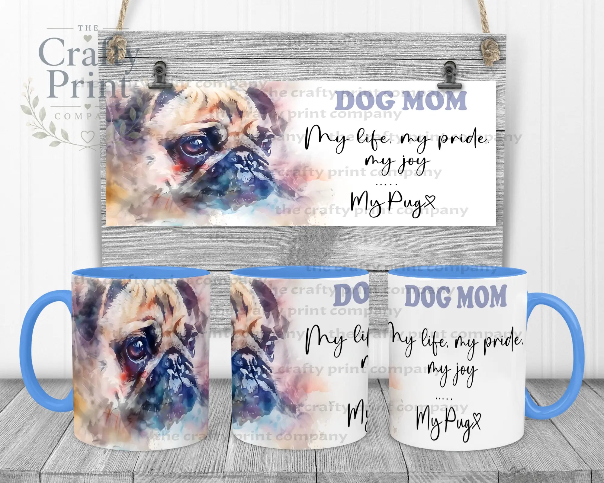 Pug Dog Mom Mug - 11oz Ceramic / Blue Handle & Inner - Mugs