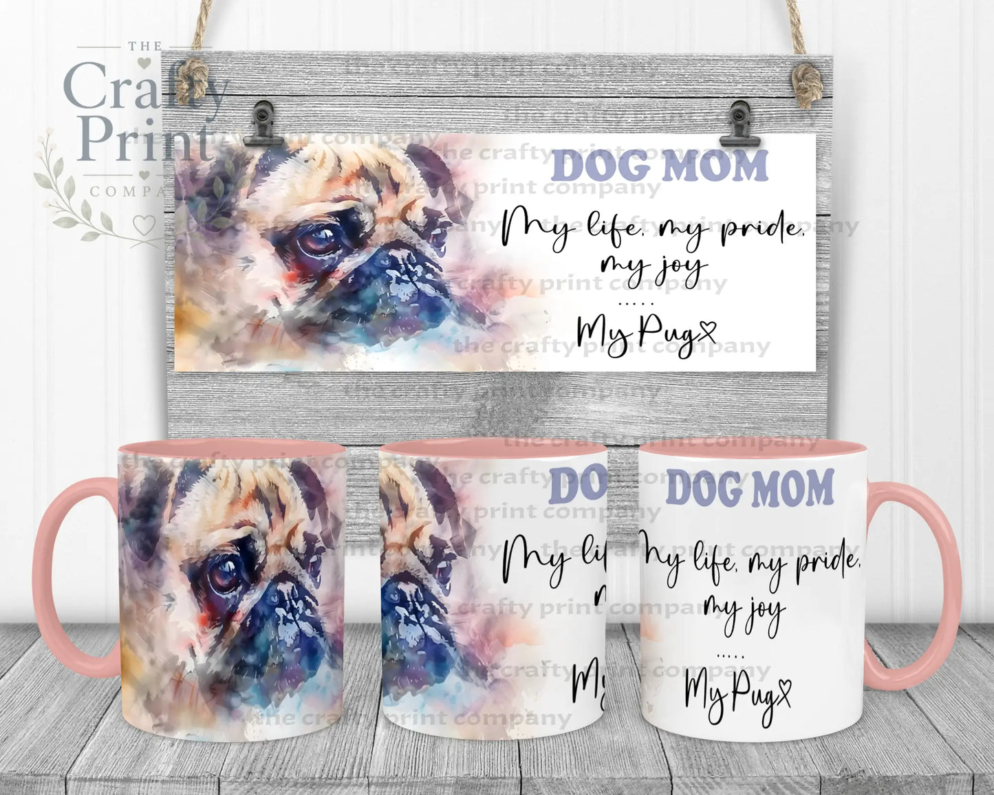 Pug Dog Mom Mug - 11oz Ceramic / Pink Handle & Inner - Mugs