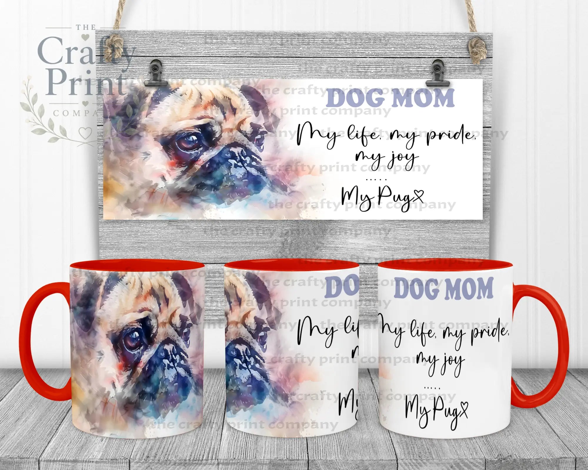 Pug Dog Mom Mug - 11oz Ceramic / Red Handle & Inner - Mugs