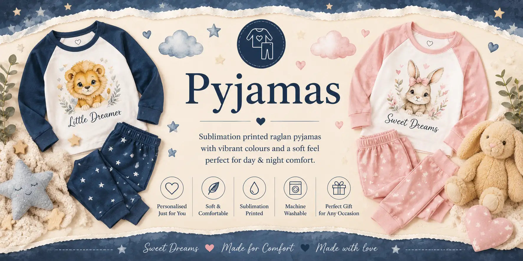 Navy and white raglan pajama set with a watercolor lion design, paired with matching star-patterned pants.