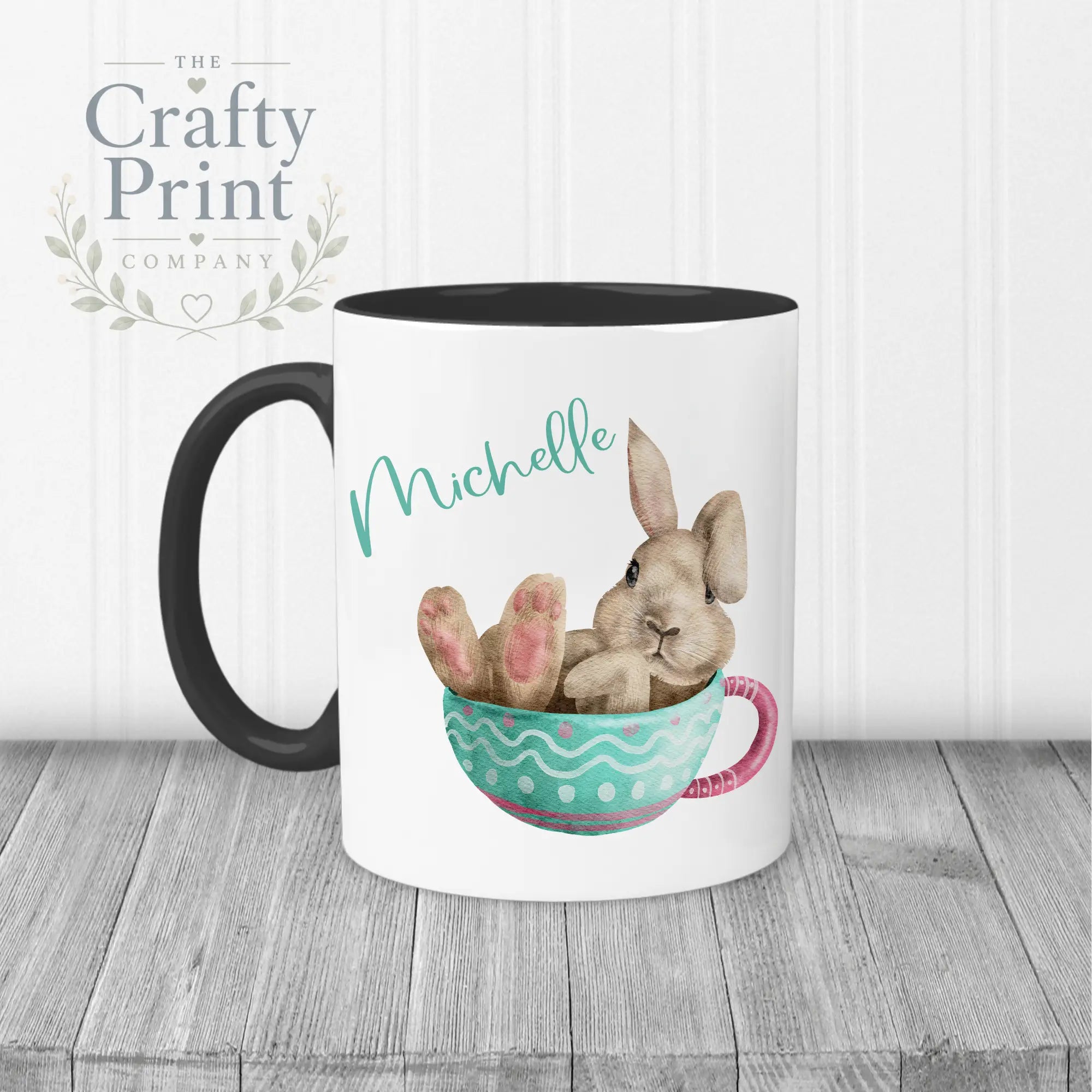 Rabbit in Cup Personalised Easter Mug - Black Handle &