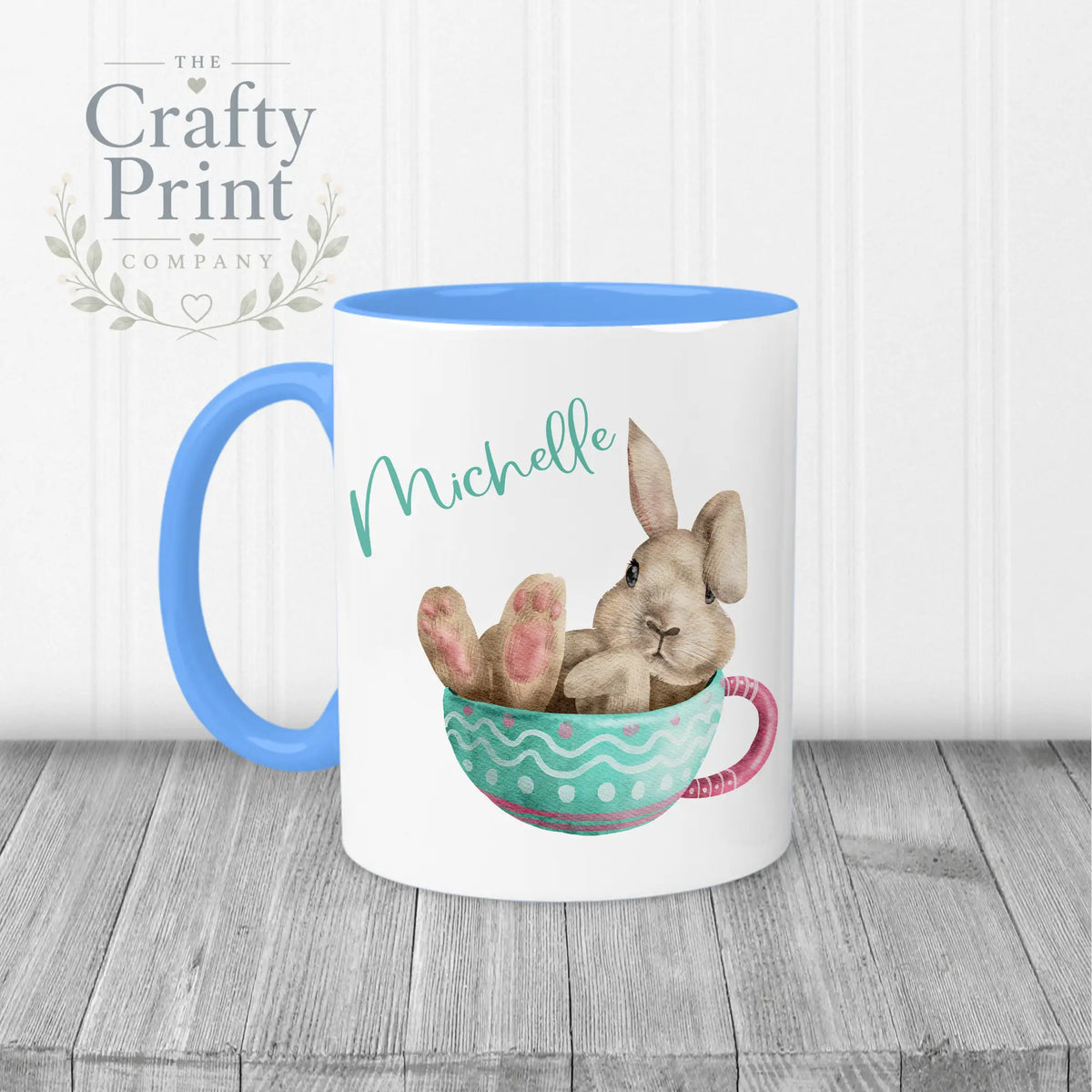 Rabbit in Cup Personalised Easter Mug - Blue Handle & Inner