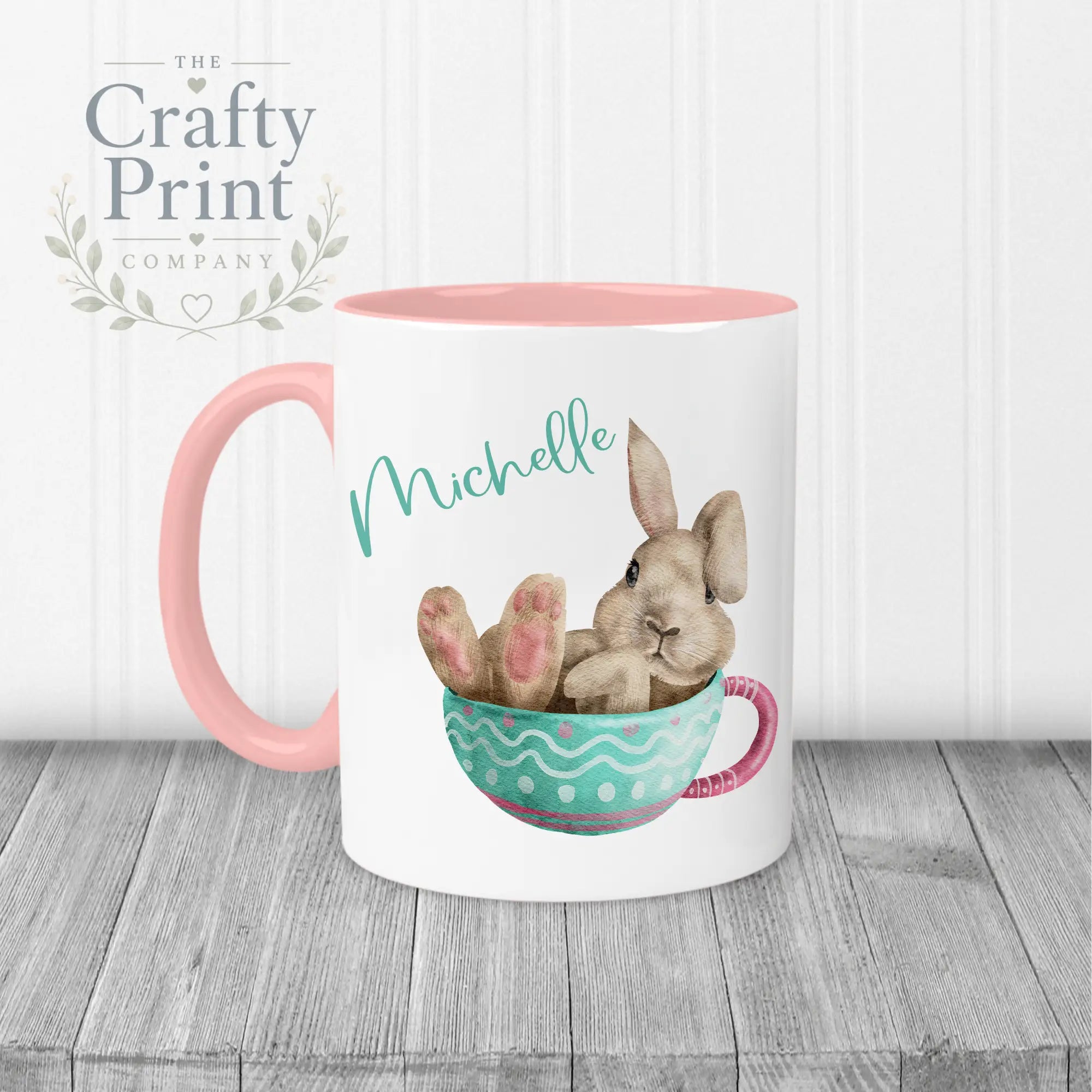 Rabbit in Cup Personalised Easter Mug - Pink Handle & Inner