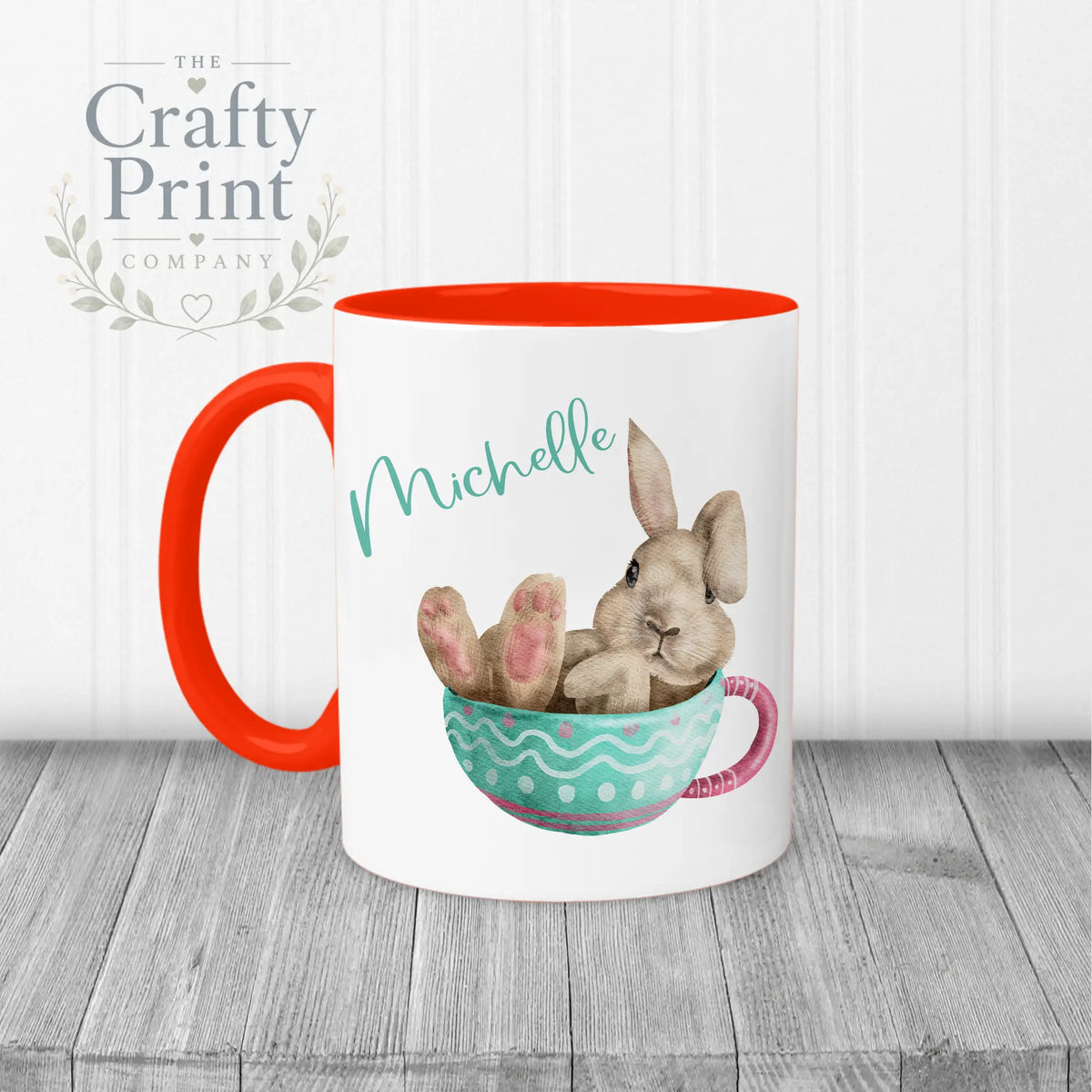 Rabbit in Cup Personalised Easter Mug - Red Handle & Inner