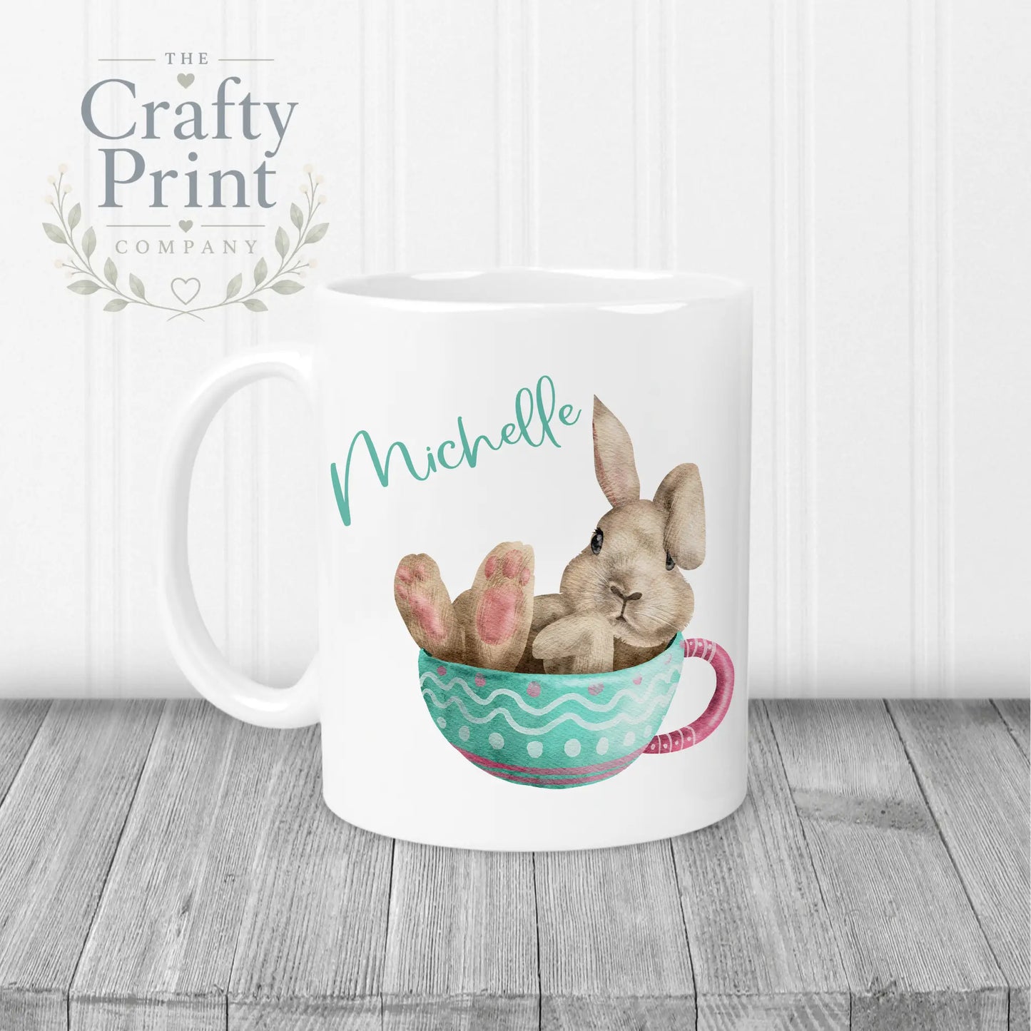 Rabbit in Cup Personalised Easter Mug - White Handle &