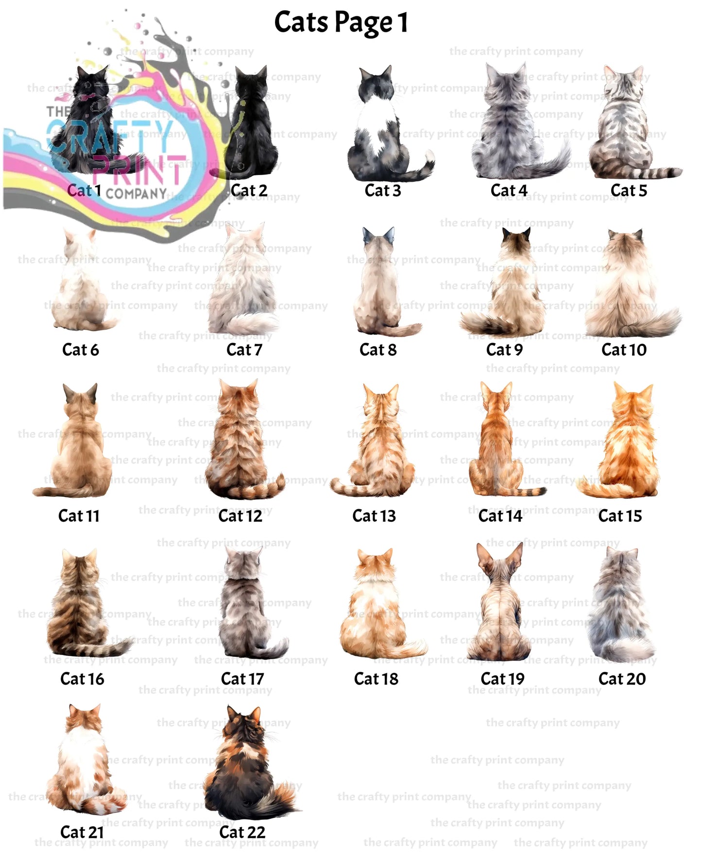 A rainbow bridge dog and cat memorial plant pot featuring 22 illustrated cats with unique fur patterns and colors