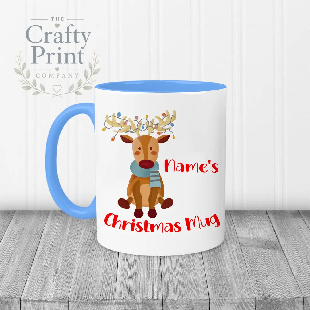 Reindeer Christmas Personalised Mug - Blue Handle & Inner