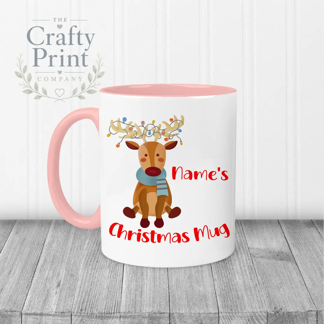 Reindeer Christmas Personalised Mug - Pink Handle & Inner