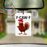 White rectangular car air freshener featuring a cartoon rooster with red comb and text f-caw-f for car air use