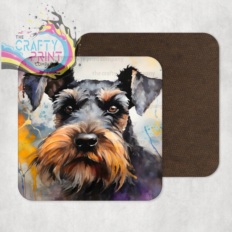 Square schnauzer coaster with high gloss finish featuring a watercolor black and tan schnauzer for dog lovers