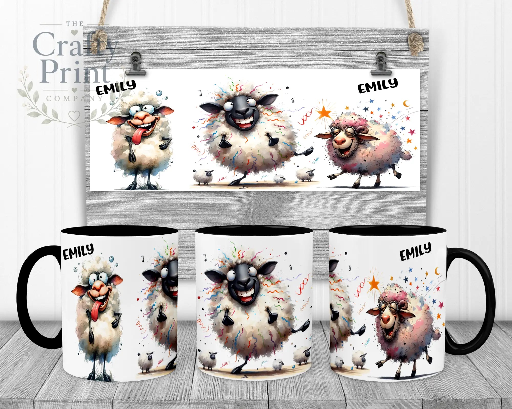 Sheep Funny Faces Mug - Black Handle & Inner - Mugs