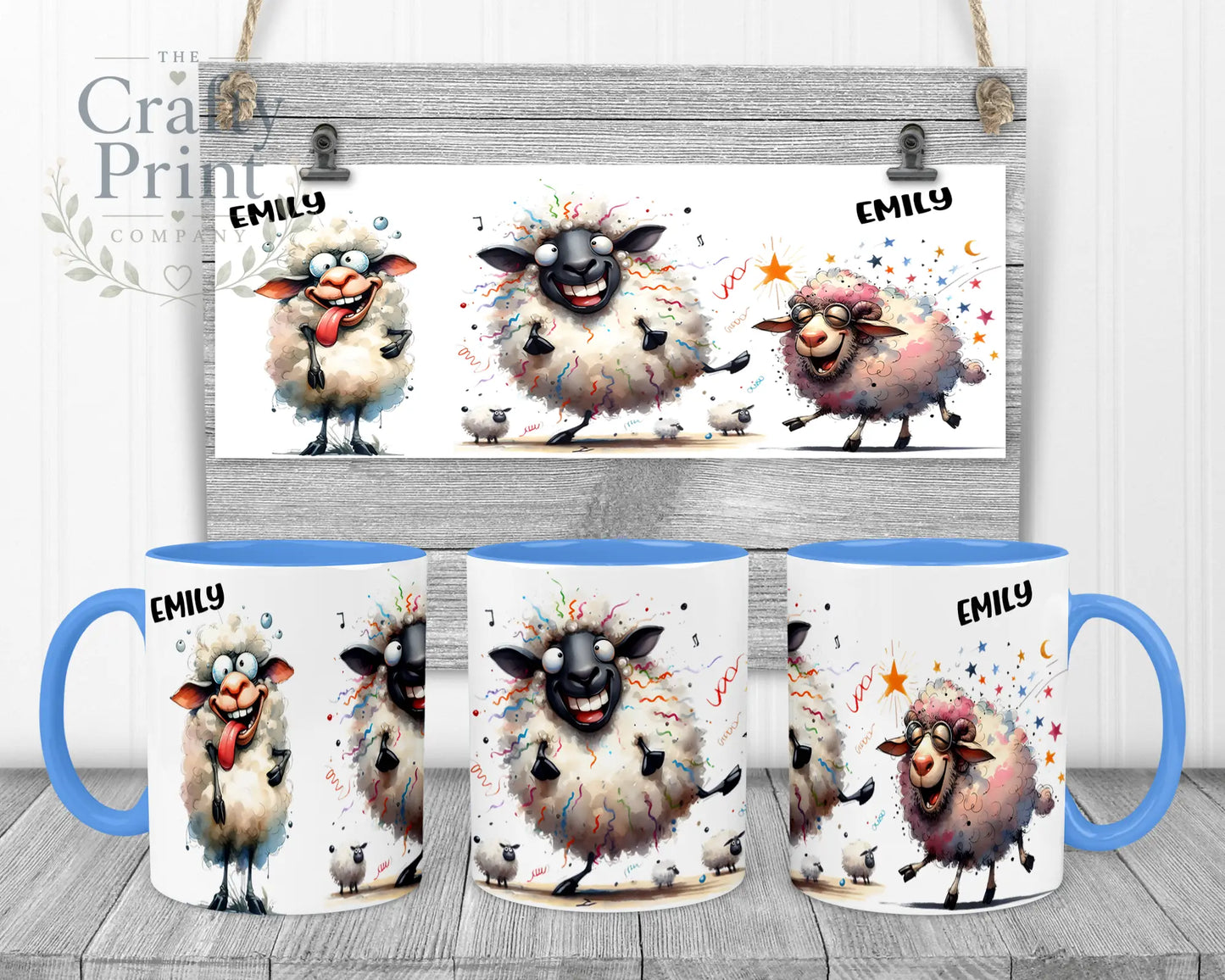 Sheep Funny Faces Mug - Blue Handle & Inner - Mugs