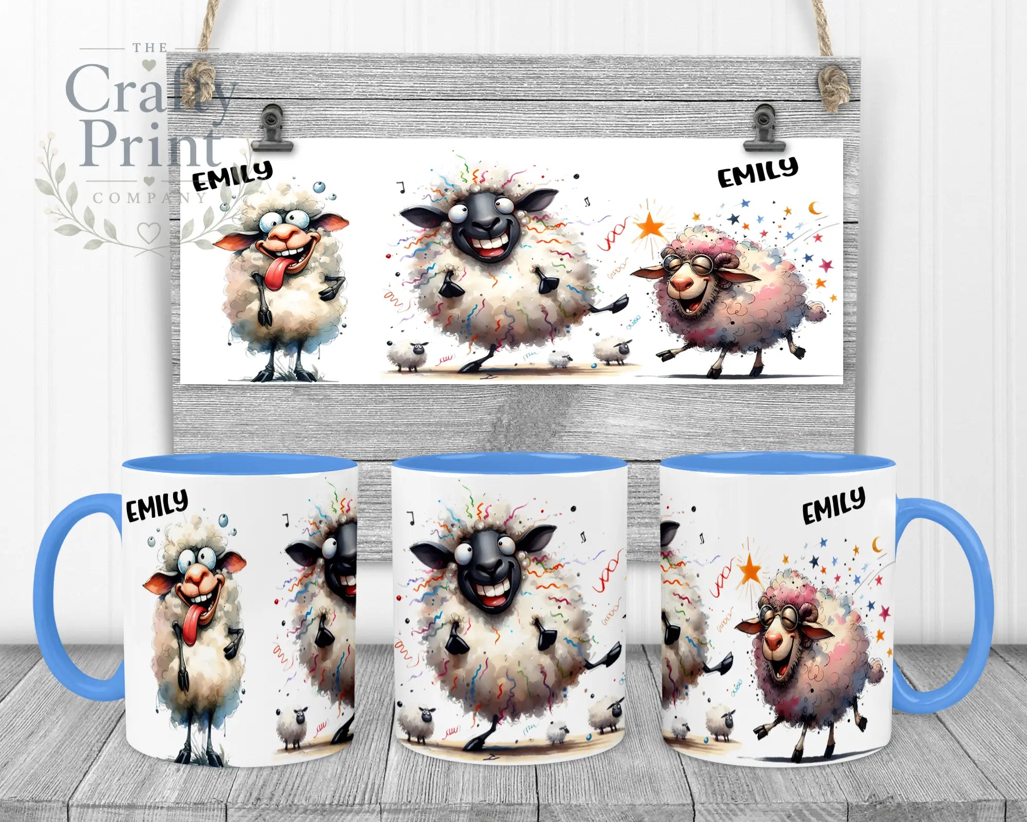 Sheep Funny Faces Mug - Blue Handle & Inner - Mugs