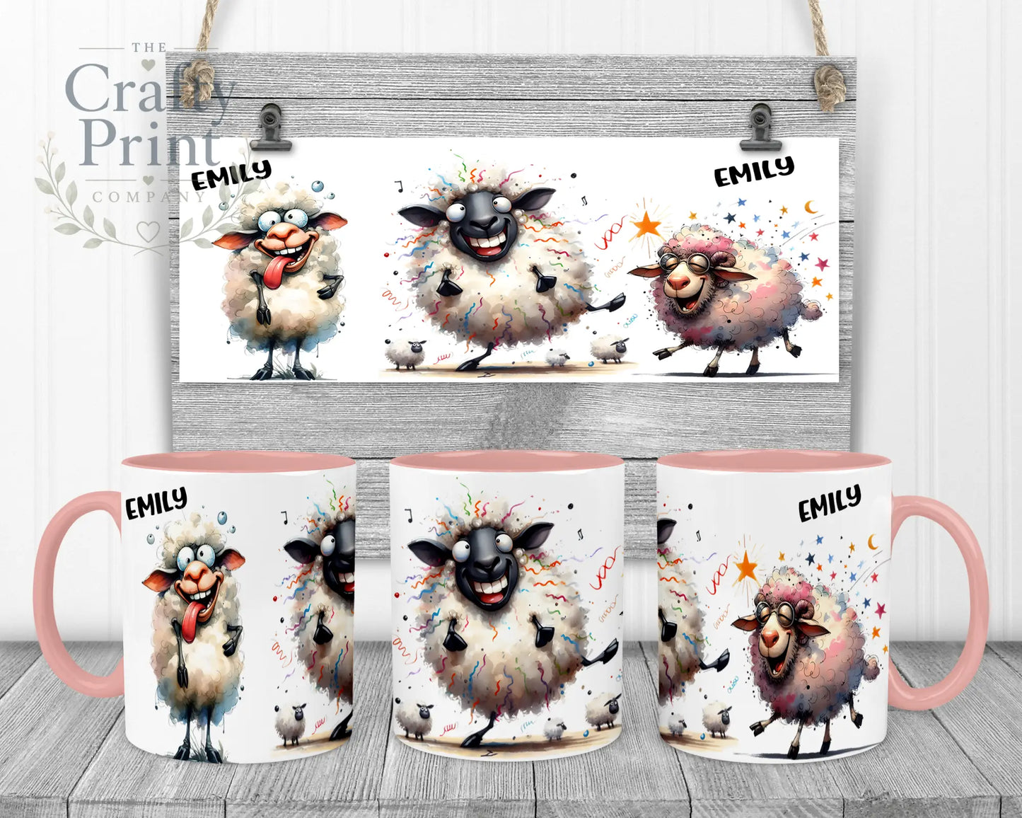 Sheep Funny Faces Mug - Pink Handle & Inner - Mugs
