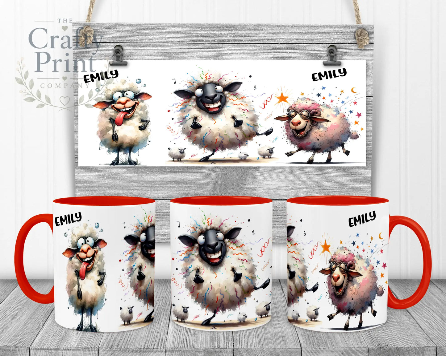 Sheep Funny Faces Mug - Red Handle & Inner - Mugs