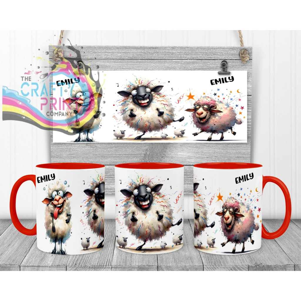 Sheep Funny Faces Mug - Red Handle & Inner Mugs