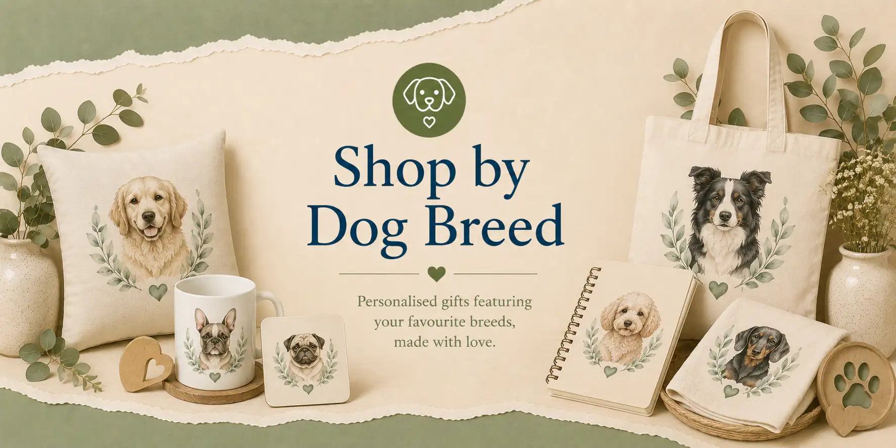 White cushion featuring a detailed illustration of a golden retriever surrounded by green leafy wreaths.