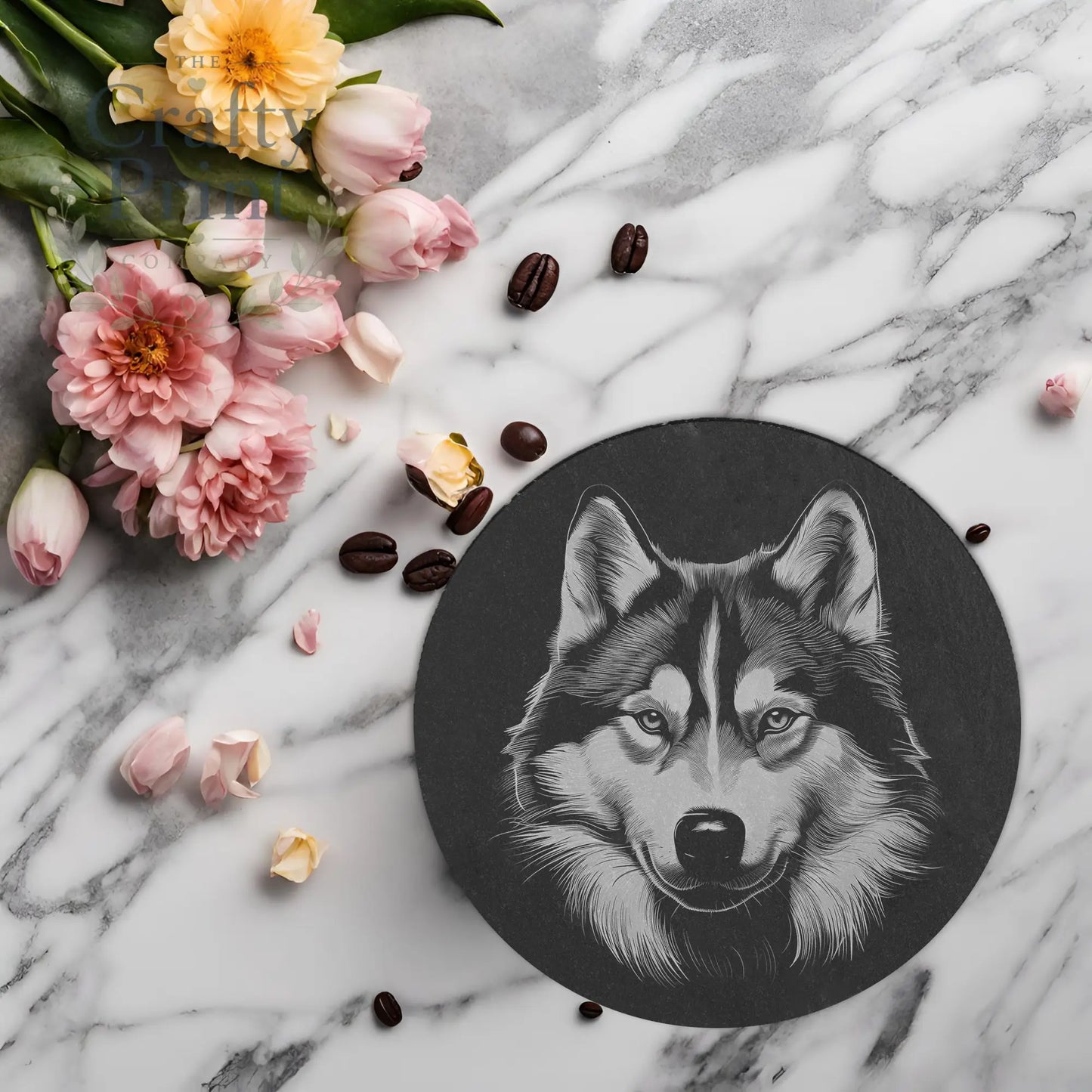 Siberian Husky Engraved Slate Coaster - Round